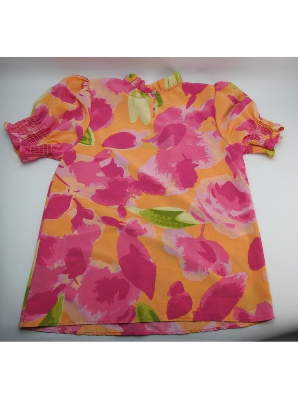 Les Amis Floral Blouse Medium Orange Pink Puff Sleeve Smocked Ruffle Top - Picture 9 of 10